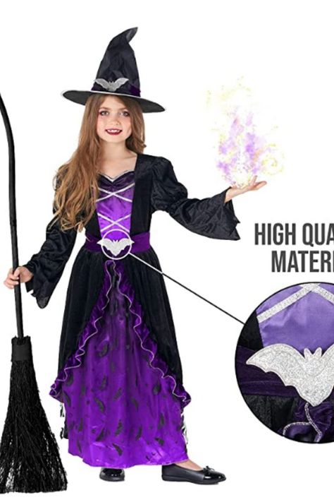 Includes high quality ombre printed dress with glitter bat details. Pointy witch hat is also included. Available in 5 sizes Toddler T2 (3-4 Years), Small (4-6 Years), Medium (7-9 Years), Large (10-12 Years) & X-Large (12-14 Years) High quality purple witch costume with hat included. This outfit has fantastic details, perfect for Halloween! Child Safe: Meets US Toy Safety Standards and Safety Test Approved. Scary Witch Costume, Purple Witch Costume, Girls Witch Costume, Wicked Witch Costume, Kids Witch Costume, Toddler Halloween Costume, Purple Witch, Costume Toddler, Costume For Girls