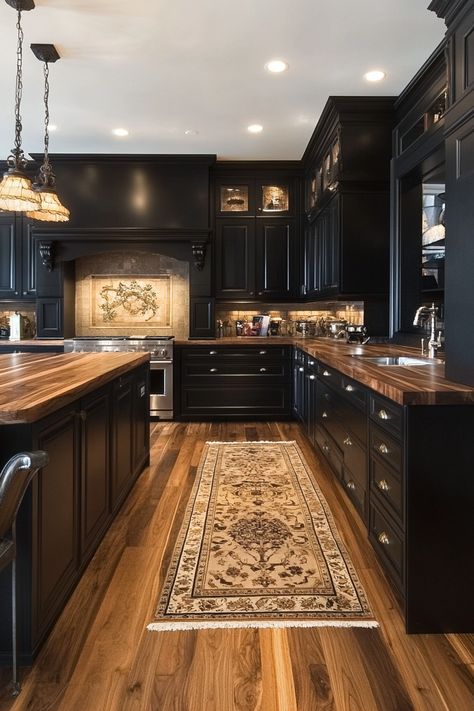 Dark Kitchen With Butcher Block, Black Kitchen Cabinets Stainless Steel Appliances, Black N Wood Kitchen, Kitchen Design With Dark Cabinets, Black And Copper House, Big Dark Kitchen, Black Western Kitchen, Small Ranch House Kitchen, Dark Stain Cabinets Kitchen