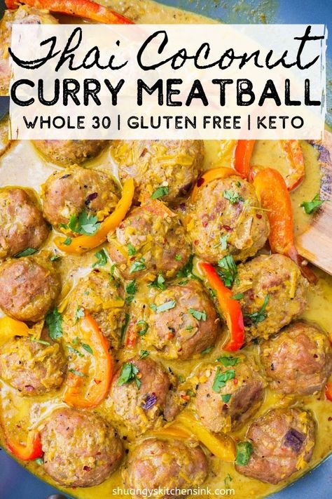 Meatballs Whole 30, Coconut Curry Meatballs, Coconut Curry Chicken Meatballs, Curry Chicken Meatballs, Thai Coconut Curry, Curry Meatballs, Whole30 Dinners, Thai Coconut, Coconut Curry Chicken