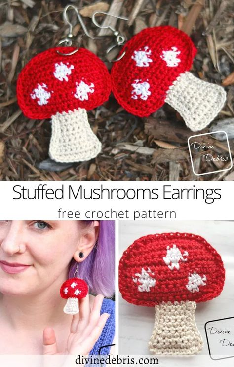 Stuffed Mushrooms Earrings Free Crochet Pattern by DivineDebris.com - Mushroom Patterns, Crochet Mushroom, Crochet Jewelry Patterns, Mushroom Earrings, Crochet Earrings Pattern, Free Crochet Patterns, Earring Patterns, Crochet Accessories, Crochet Gifts