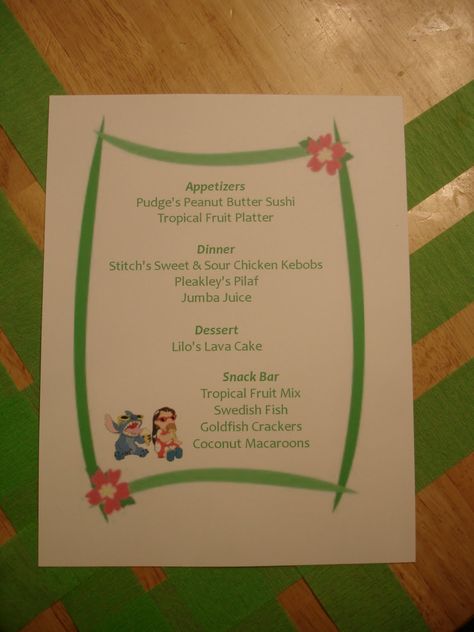 Lilo and Stitch Themed Dinners Ideas, Movie Night Party Ideas, Disney Movie Night Menu, Disney Themed Movie Night, Disney Movie Night Food, Night Party Ideas, Disney Movie Night Dinner, Lilo And Stitch Movie, Movie Night Dinner