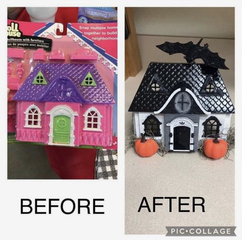 Dollhouse Transformation, Dollar Store Halloween Diy, Craft Houses, Halloween Dollhouse, Halloween Diorama, Cardboard Houses, Halloween Arts, Holiday Houses, Spooky Ideas