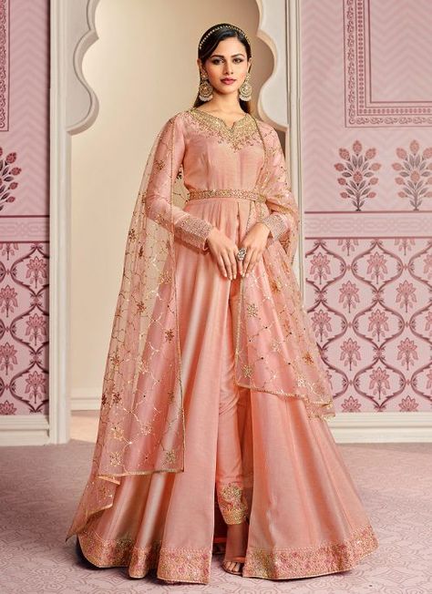 Light Pink and Gold Embroidered Pant Style Anarkali Anarkali Lehenga Gowns, Peach Anarkali, Peach Pants, Silk Anarkali Suits, Celana Fashion, Silk Anarkali, Anarkali Lehenga, Designer Anarkali Suits, Silk Bottoms