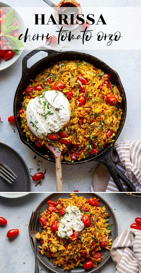 This cherry tomato orzo skillet features tender orzo in a spicy harissa cherry tomato sauce, lots of fresh herbs, and creamy burrata cheese broken open over top. Tomato Orzo, How To Cook Orzo, Cherry Tomato Sauce, Roasted Cherry Tomatoes, Delicious Dinner Recipes, Fresh Salads, Grilled Vegetables, Orzo, Grilled Meat