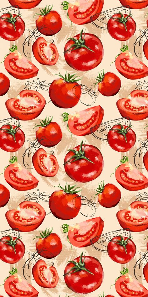 Fruit Art Wallpaper, Tomato Background Wallpapers, Tomato Background, Fruit Pattern Illustration, Tomato Print, College Cooking, Cooking Quotes, Cooking Photography, Map Maker