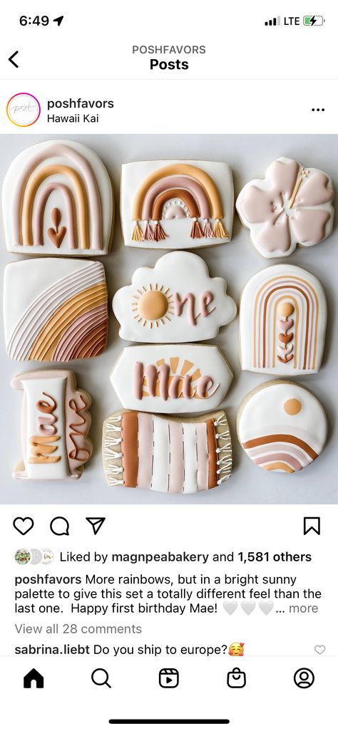 Boho Rainbow Royal Icing Cookies, Rainbow Boho Cookies, Boho Rainbow Birthday Party Food, Boho Rainbow Birthday Cookies, Boho Sunshine Cookies, Boho First Birthday Cookies, Boho Rainbow Cookies First Birthday, Boho Decorated Cookies, Rainbow First Birthday Cookies