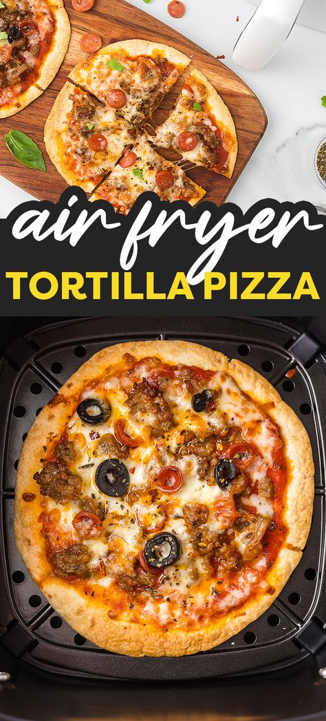 Air Fryer Tortilla Pizza | AirFried.com Air Fryer Tortilla Pizza Recipe, Airfryer Pizza Tortilla, Low Carb Tortilla Pizza Keto Air Fryer, Airfryer Calzone, Air Fryer Mexican Pizza, Air Fryer Pizza Toast, Corn Tortillas In Air Fryer, Air Fryer Pizza Tortilla, Gourmia Recipes