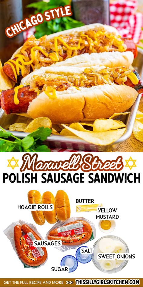 Maxwell Street Polish sausage with onions and mustard Grilled Polish Sausage, Polish Sausage Sandwich Recipes, Sausage Sandwich Recipes, Polish Sausage Recipes, Grilled Kielbasa, Awesome Sandwiches, Street Food Recipes, Bbq Meats, Sausage Sandwich