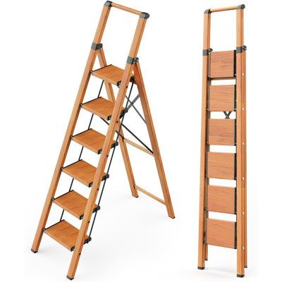 Lightweight sturdy folding ladder: Net Weight: 18 lbs. This light ladder can be lifted or moved with one hand when folded flat. The frame of the ladder is made of thick Aircraft-Grade aluminum alloy. Max load 300lbs. A triangular stable support structure ensures safety. | WFX Utility™ Aluminum Step Ladder | Wayfair Step Ladder Ideas, Wooden Step Ladder, Tall Ladder, Wood Step Stool, Open Loft, Folding Step Stool, Loft Stairs, Folding Ladder, Wave Texture