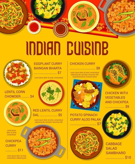 Indian food restaurant meals menu page template Indian Food Design, Indian Food Menu Design, Indian Restaurant Menu Design, Indian Menu Design, Kitchen Graphics, Indian Food Menu, Indian Buffet, Rollup Design, Restaurant Meals