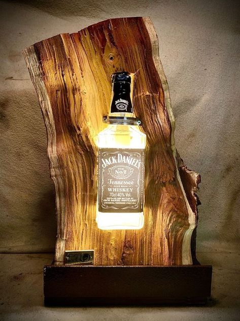 Lights Made From Liquor Bottles, Jack Daniels Crafts, Jack Daniels Decor, Alcohol Decor, Outdoor Patio Ideas Backyards, Whiskey Barrel Furniture, Wood Jewelry Display, Barrel Room, Basement Bar Designs