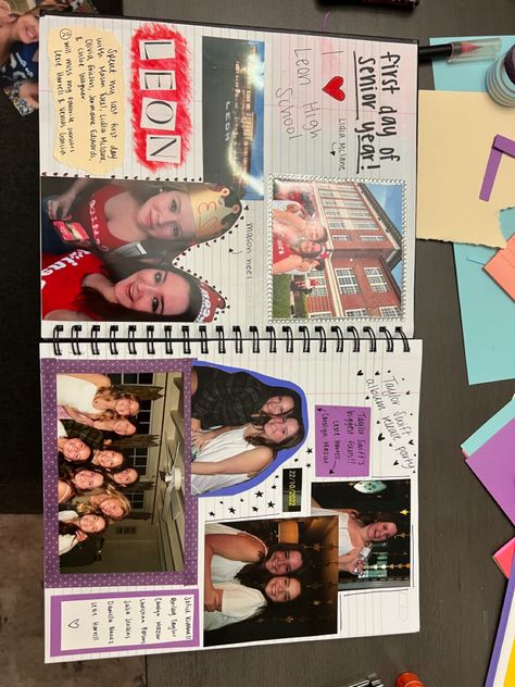 Senior Scrapbook Aesthetic, High School Photo Album Ideas, Senior Year Scrapbook Page Ideas, 18th Birthday Scrapbook Ideas Layout, Binder Scrapbook Ideas, Exchange Student Scrapbook, Scrapbook Childhood Memories, Scrapbooking Senior Year, Scrapbook Ideas Sisters