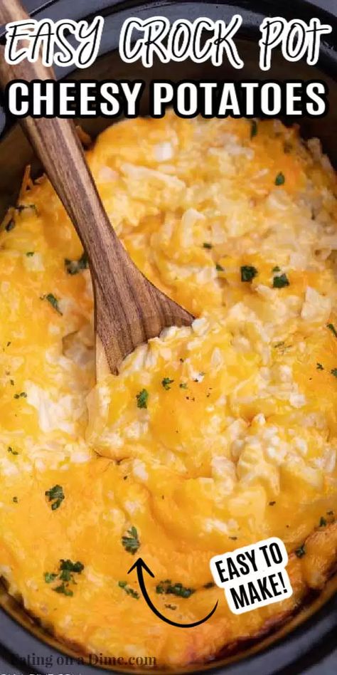 These crockpot cheesy potatoes are easy to make with only 6 ingredients. This crock pot cheesy potato recipe is a crowd pleaser and perfect for any party or get together. Make these Cheesy Hashbrown Potatoes crockpot recipe for your next holiday dinner. Everyone loves slow cooker cheesy potatoes. Slow Cooker Funeral Potatoes are simple and delicious too! #eatingonadime #sidedishrecipes #crockpotrecipes #slowcookerrecipes #cheesypotatoes Shredded Hashbrown Cheesy Potatoes, Shredded Hashbrown Recipes Crockpot, Crock Pot Holiday Appetizers, Picnic Crockpot Recipes, Shredded Cheesy Potatoes Crock Pot, Vegetarian Cheesy Potatoes, Crock Pot Picnic Food, Shredded Cheesy Potato Casserole, Diced Cheesy Potatoes