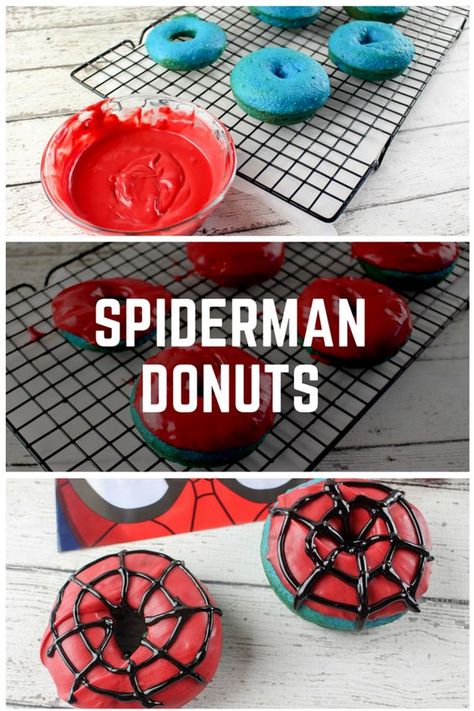 Are you a MARVEL fan? These Spiderman Donuts are easy to make, and super fun to decorate. If you're planning a party, you need this Spiderman Donuts #recipe Spiderman Donuts Spider Man, Spider Man Candy Apples, Diy Spiderman Cupcakes, Diy Spiderman Birthday Party Food, Spiderman Birthday Treats, Donut Cake Birthday, Spiderman Birthday Party Food, Birthday Spiderman, Spiderman Birthday Party Decorations