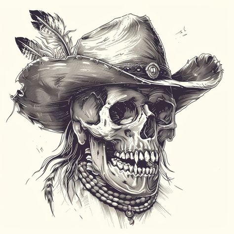 "Legends never die; they just ride into the sunset. 🌅🎩" #skullart #cowboyskull #westernart #digitalillustration #darkart #gothicstyle #westernstyle #sketchart #fantasyart #cowboyhat #eternalroamer #artoftheday #illustrationartists #steampunk #vintagestyle #wildwest #bones #creativeart #skulllove #artistsoninstagram #artwork #skeleton #conceptart #detailedart #inkdrawing #midjourney #midjourneyart Skull With Cowboy Hat Tattoo, Western Skeleton Tattoo, Skull Cowboy Tattoo, Skeleton Cowboy Tattoo, Cowboy Skull Tattoo, Cowboy Tattoos For Men, Animal Skull Drawing, Skull References, Pirate Skull Tattoos