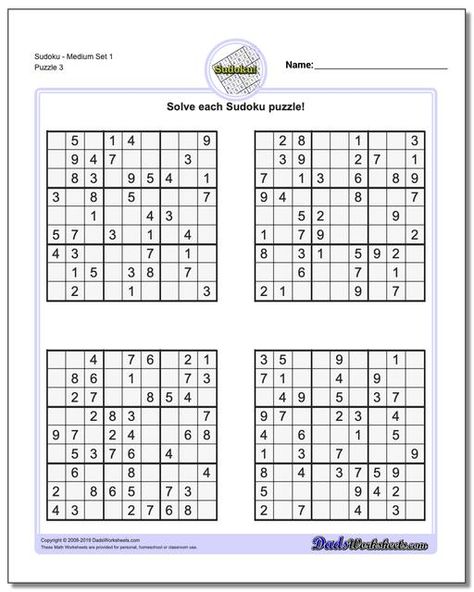 https://www.dadsworksheets.com SudokuMedium Set 1 Worksheet #Sudoku #Worksheet Printable Sudoku, Sudoku Printable, Puzzles Printable, Math Facts Addition, Printable Crossword Puzzles, Free Printable Math Worksheets, Hard Puzzles, Printable Math Worksheets, Sudoku Puzzles