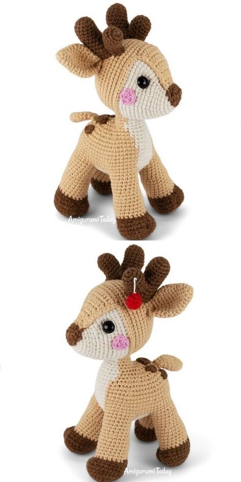 Holiday Crochet Deer Pattern Ideas. How adorable is this little crochet deer in the pictures below, right? It's made by amigurumi.today and it's the ultimate last - minute gift idea, you'll absolutely love how sweet it looks on your windowsill or in your kiddos room! It's ready to leave the forest life behind and spend its time with you!  #freecrochetpattern #amigurumi #deer Crochet Christmas Deer Free Pattern, Reindeer Free Crochet Pattern, Amigurumi Forest Animals Free, Deer Amigurumi Pattern, Christmas Reindeer Crochet Pattern, Dear Crochet Pattern Free, Crochet Christmas Animals Free Patterns, Crochet Rudolph Pattern Free, Bambi Crochet Pattern Free