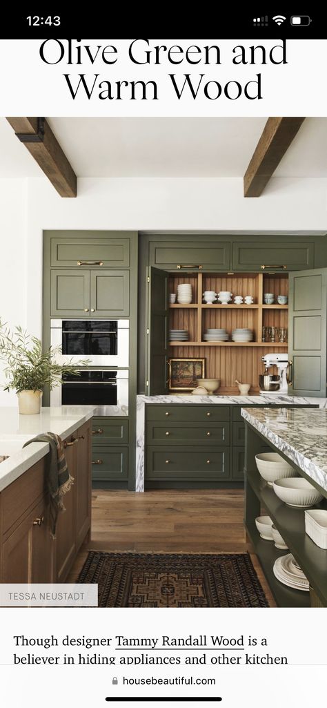 Dark Green Kitchen Cabinets, Natural Wood Kitchen Cabinets, Hide Appliances, Olive Green Kitchen, Dark Green Kitchen, Two Tone Kitchen Cabinets, Natural Wood Kitchen, Two Tone Kitchen, Green Kitchen Cabinets