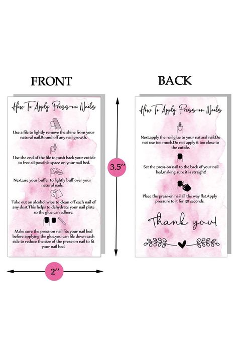 Press On Instruction Card, Press On Nails Card Design Ideas, How To Apply Press On Nails Instructions, Press On Nail Instruction Card, Press On Nails Instructions, Nails Packaging, Nail Tech Quotes, Nail Tech School, Nails Creative