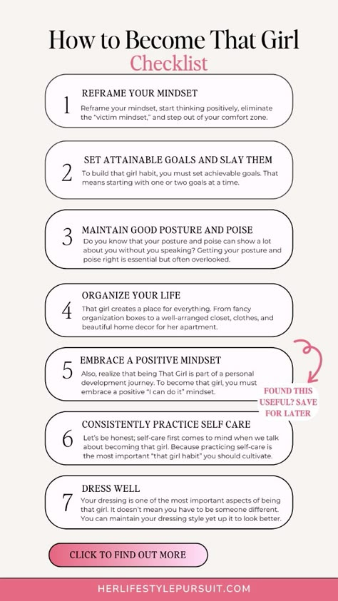 Do you ever see someone and think, “I want to become that girl?” But you've searched and feel like f you feel becoming that girl is unrealistic and achievable. These are good habits to implement and become that girl this year. Life habits | Personal development | Good habits | Healthy morning routine | Healthy lifestyle changes | How to feel pretty | Act like a lady | Positive self talk | How to stay motivated | self care activities | Life changing habits | That girl aesthetics | How to become that girl | Be that girl | Habits to become that girl | How to be prettier | Baddie quotes How To Talk Like A Lady, How To Become That Girl In 2025, Steps To Become That Girl, How To Be Basic, How To Become A Girly Girl, How To Get Good Style, How To Be That Girl Tips, How To Be Free, How To Act Like A Baddie