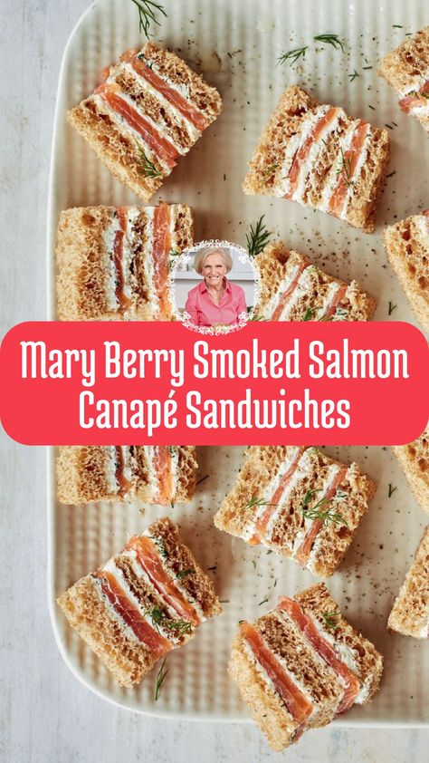 Mary Berry Smoked Salmon Canapé Sandwiches Smoked Salmon And Cream Cheese Sandwich, Berry Appetizers, Smoked Salmon Tea Sandwiches, Mary Berry Recipes, Smoky Salmon, Smoked Salmon Canapes, Salmon Canapes, Salmon Appetizer, Dill Salmon