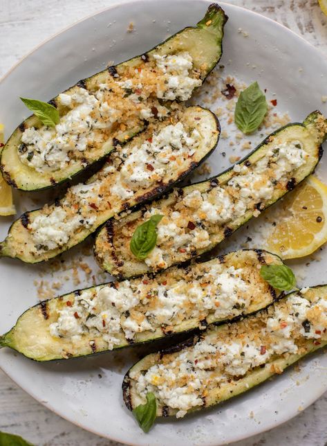 grilled goat cheese stuffed zucchini Cheese Stuffed Zucchini, Grilled Goat Cheese, Grilled Zucchini Boats, Basil Goat Cheese, Herbed Goat Cheese, Veggie Side Dish Recipes, Fried Goat Cheese, Goat Cheese Recipes, Stuffed Zucchini