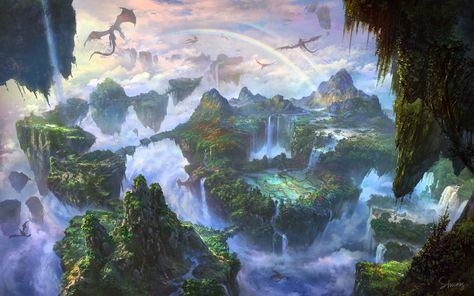 ArtStation - Hanging Gardens, li shuxing Fantasy Landscape Painting, Fonio, Sky Island, Waterfall Wallpaper, Fantasy Locations, Floating Islands, Fantasy Wallpapers, Fantasy Settings, Fantasy Background