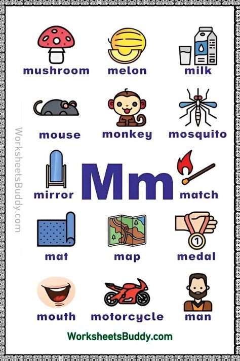 M Word Family Worksheets - Preschool Letter M Words Worksheets Letter M For Kindergarten, Family Words Activity, Letter M Pictures, Letter M Words, Letter M Activities For Preschool, Letter M Worksheet, Preschool Letter M, Letter W Activities, M Words