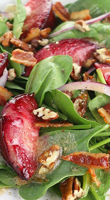 Roasted Plum Spinach Salad Plum Salad Recipes, Plum Salad Dressing, Plum Vinegarette Dressing, Salad With Plums, Salad With Pears And Cranberries, Autumn Spinach Pecan Salad, Spinach And Grapefruit Salad, Spinach Salad With Candied Pecans, Plum Salad