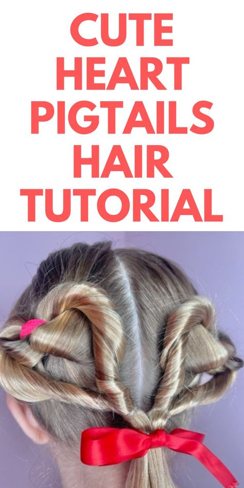 CUTE HEART PIGTAIL HAIR TUTORIAL - HERE IS A CUTE AND EASY HAIRSTYLE FOR VALENTINE'S DAY Heart Pigtails, Heart Hairstyle, Hairstyle For Kids, Pigtail Hairstyles, Easy Hairstyle, Heart Hair, Cute Heart, Simple Valentine, Double Heart