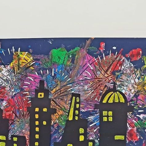 Splat Painting, Black Cityscape, Cityscape Silhouette, Messy Play, Process Art, New Year Celebration, Blue Glitter, I Decided, Fireworks