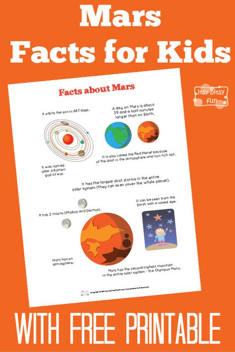 Fun Mars Facts for Kids With Free Printables Jupiter Facts For Kids, Mars Facts For Kids, Facts About Mars, Jupiter Facts, Solar System Facts, Mars Facts, Mars Project, Planet Project, Planning School