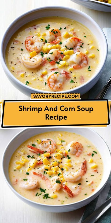 Looking for a comforting seafood dinner that’s both flavorful and easy to make? This Shrimp and Corn Soup is the perfect blend of sweet corn and succulent shrimp. Save this delicious recipe for your next family meal or dinner party, and impress everyone with your culinary skills! Crab And Corn Soup, Shrimp And Corn Soup, Shrimp Soup Recipes, Shrimp And Corn, Corn Soup Recipes, Flavorful Shrimp, Creamy Shrimp, Shrimp Soup, Creamy Corn