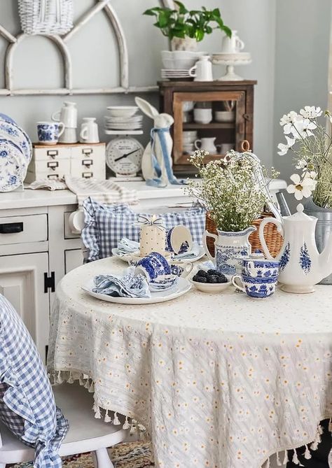 A sweet summer table set with thrifted blue and white dishes, pretty florals and a homemade cream tea with clotted cream and scones Blue And White Dishes, Tea Time Table, Chic Style Inspiration, Summer Blues, Summer Table, Blue And White Fabric, Easter Parade, Cream Tea, Pumpkin Centerpieces