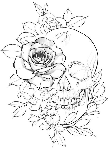 Half Skull Half Rose Drawing, Half Skull Half Flower Tattoo, Skull With Roses Drawing, Skull Flower Drawing, Day Of The Dead Tattoo Designs, Skull With Flowers Tattoo, Pretty Skull Tattoos, Rose Outline Drawing, Human Skull Drawing