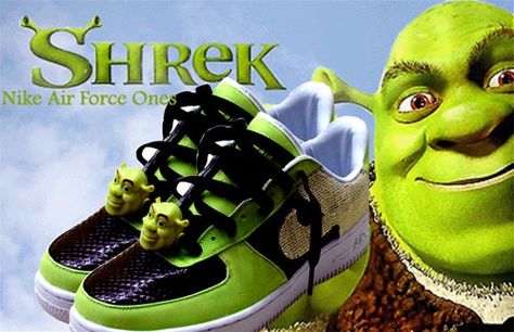 Shrek Shoes, Shrek Memes, Freshman Advice, Sneaker Closet, Custom Kicks, Custom Nike Shoes, Nike Air Force Ones, Custom Nikes, Air Force Ones