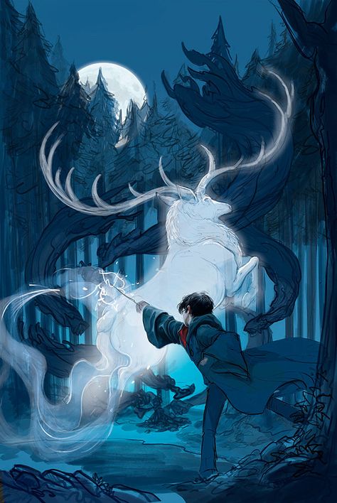 Harry's face and upper body is painted, and the beginnings of his Patronus-casting spell are sketched out Fanart Harry Potter, Hery Potter, Glume Harry Potter, Tapeta Harry Potter, Harry Potter Background, Harry Potter Illustrations, Buku Harry Potter, Theme Harry Potter, Desenhos Harry Potter