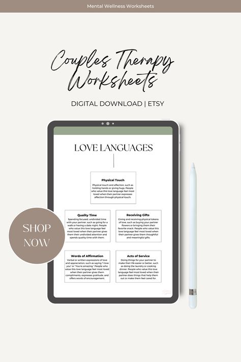 ransform your relationship with our comprehensive couples therapy worksheet! This 18-page workbook is designed to help you and your partner deepen your connection and strengthen your bond. With sections on love languages, boundaries, practical relationship tips, and more, you'll gain the insight and tools you need to take your relationship to the next level. Buy the downloadable version at Creative Good Printables on Etsy! Love Language Physical Touch, Couples Therapy Worksheets, Unique Calendar, Physical Touch, Relationship Therapy, Couples Therapy, Therapy Worksheets, Mental Wellness, Love Languages