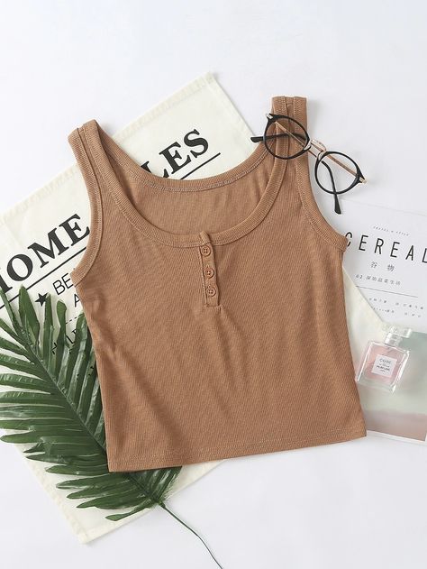 Solid Button Rib-Knit Tank Top | SHEIN USA Cute Lazy Outfits, Women Tank Tops, Fashion Design Clothes, Knitted Tank Top, Girly Outfits, Looks Vintage, Knit Tanks, Retro Outfits, Latest Fashion For Women