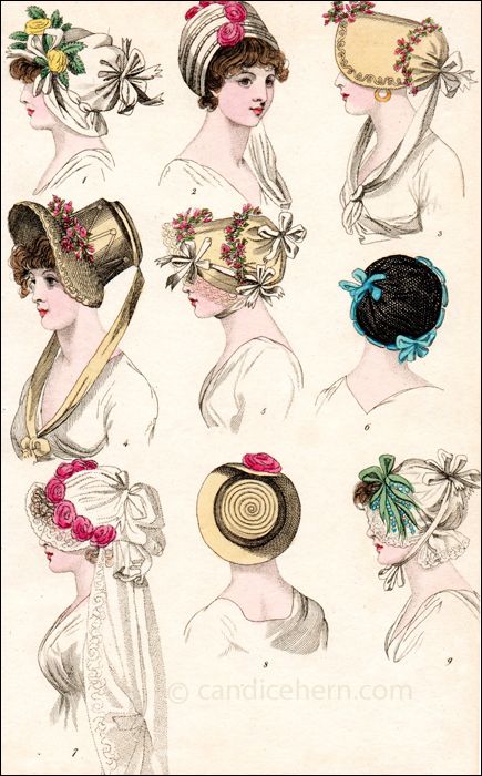 "The Venetian Bonnet, made of straw and trimmed with straw flowers, the strings fastened with a bow behind and tied loose on the bosom ..." Regency Hats And Bonnets, 1790s Bonnet, Regency Hats, Regency Bonnet, Silhouette Mode, Straw Flowers, Head Dresses, Historical Hats, Regency Gown