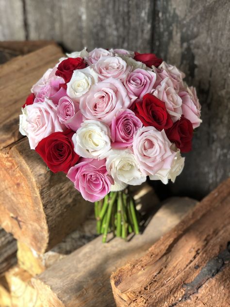 Bridal Bouquet of white, soft pink, candy pink and red roses Red Rose Bouquet Wedding, Rose Centerpieces Wedding, White Rose Wedding Bouquet, Pink Roses Wedding, White Rose Bouquet, White Roses Wedding, White And Pink Roses, Red Rose Wedding, Red Bouquet