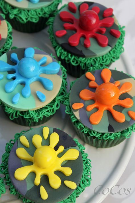 paintball cupcakes | da Coco's Cupcakes Camberley More Paintball Cookies, Paintball Cupcakes, Splatoon Birthday, Paintball Cake, Paintball Birthday Party, Nerf Cake, Paintball Birthday, Paintball Party, Laser Tag Party