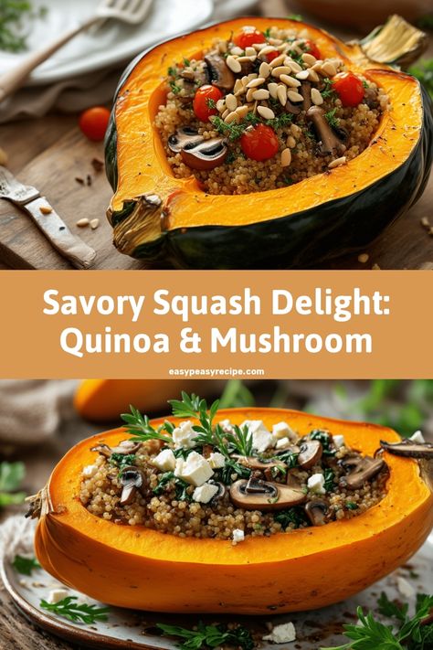 A halved roasted squash filled with a mixture of quinoa, mushrooms, cherry tomatoes, and garnished with herbs and nuts. Quinoa Mushroom, Quinoa Squash, Mushroom Quinoa, Mushroom Stuffed, Stuffed Squash, Easy Zucchini Recipes, Cranberry Cheesecake, Roasted Sprouts, Pot Recipes Healthy