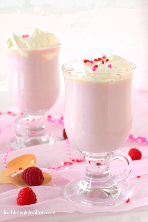 Make a Raspberry White Hot Chocolate for a quick, fun treat for your sweetie this Valentine's Day from Faithfully Gluten Free.  . ❤CQ#love #red #hearts #valentine #sweets #treats #desserts Raspberry Hot Chocolate, Gluten Free Valentines, White Hot Chocolate Recipe, Gluten Free Holiday Recipes, Gluten Free Drinks, Gluten Free Alcohol, White Raspberry, Gluten Free Holiday, Hot Cocoa Recipe