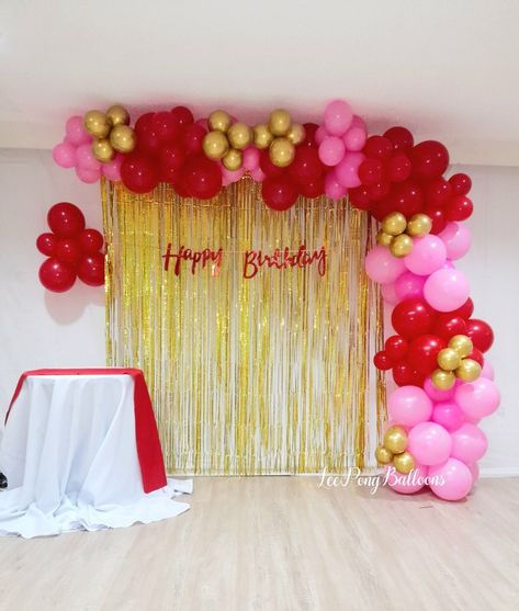 Red and Pink Balloon Garland Pink Red And Gold Birthday Party, Red And Gold Birthday Party, Red Birthday Decorations, Pink And Red Birthday, Red And Gold Birthday, Pink Balloon Garland, Red Birthday, Balloon Arrangements, Gold Birthday Party