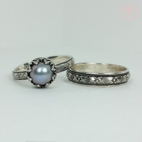 A vintage style bridal ring set with a gray pearl engagement ring and wedding band crafted with Edwardian era detail in sterling silver. Sizes 5-10. Vintage Engagement Rings Silver, Floral Wedding Band, Engagement Ring Matching Wedding Band, Matching Wedding Band Sets, Wire Crown, Vintage Style Wedding Rings, Pearl Wedding Ring, Floral Wedding Bands, Anniversary Ring Set