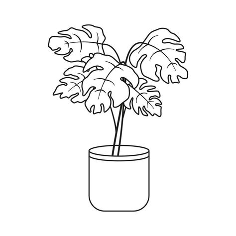 Monstera flower in a pot. Potted plant in black and white line drawing style. Vector illustration isolated on white background Plant Pot Drawing, Coffee Core, Printable Drawings, Flower In A Pot, Plant App, White Flower Pot, Plant Cartoon, Phone Widgets, Plant Doodle