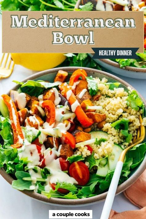 This Mediterranean bowl is bursting with fresh ingredients! Roasted vegetables, couscous and lemon tahini sauce make a satisfying meal. #mediterraneanbowl #mediterraneanrecipe #mediterraneandiet #healthymeal #healthyrecipe #healthydinner #vegandinner #vegandiet #plantbased Mediterranean Bowl Recipe, Mediterranean Bowl, Lemon Tahini Sauce, Winter Salad Recipes, A Couple Cooks, Couple Cooking, Vegan Salad Recipes, Best Vegetarian Recipes, Pasta Dinners