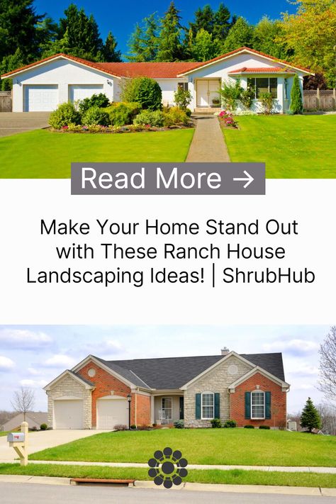 In this article, we're sharing some of the best design ideas and tips to elevate your ranch-style home's landscaping. Landscaping Front Yard Ranch Style House, L Shaped Ranch Exterior, Ranch Home Landscaping Front Yard, Brick Ranch Curb Appeal, 1950s Ranch House Exterior, Landscaping Ranch Style Homes, Ranch Home Landscaping, Large Yard Landscaping Ideas, Ranch House Landscaping