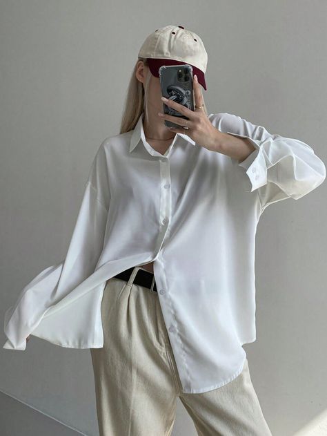 White Casual Collar Long Sleeve Polyester Plain Shirt Embellished Slight Stretch  Women Clothing Baggy Shirts For Women, Cosplay Making, Baggy Shirts, Cotton Shirts Women, Casual Shirt Women, Plain Shirt, Plain Shirts, Women Blouses, Jewelry Outfit